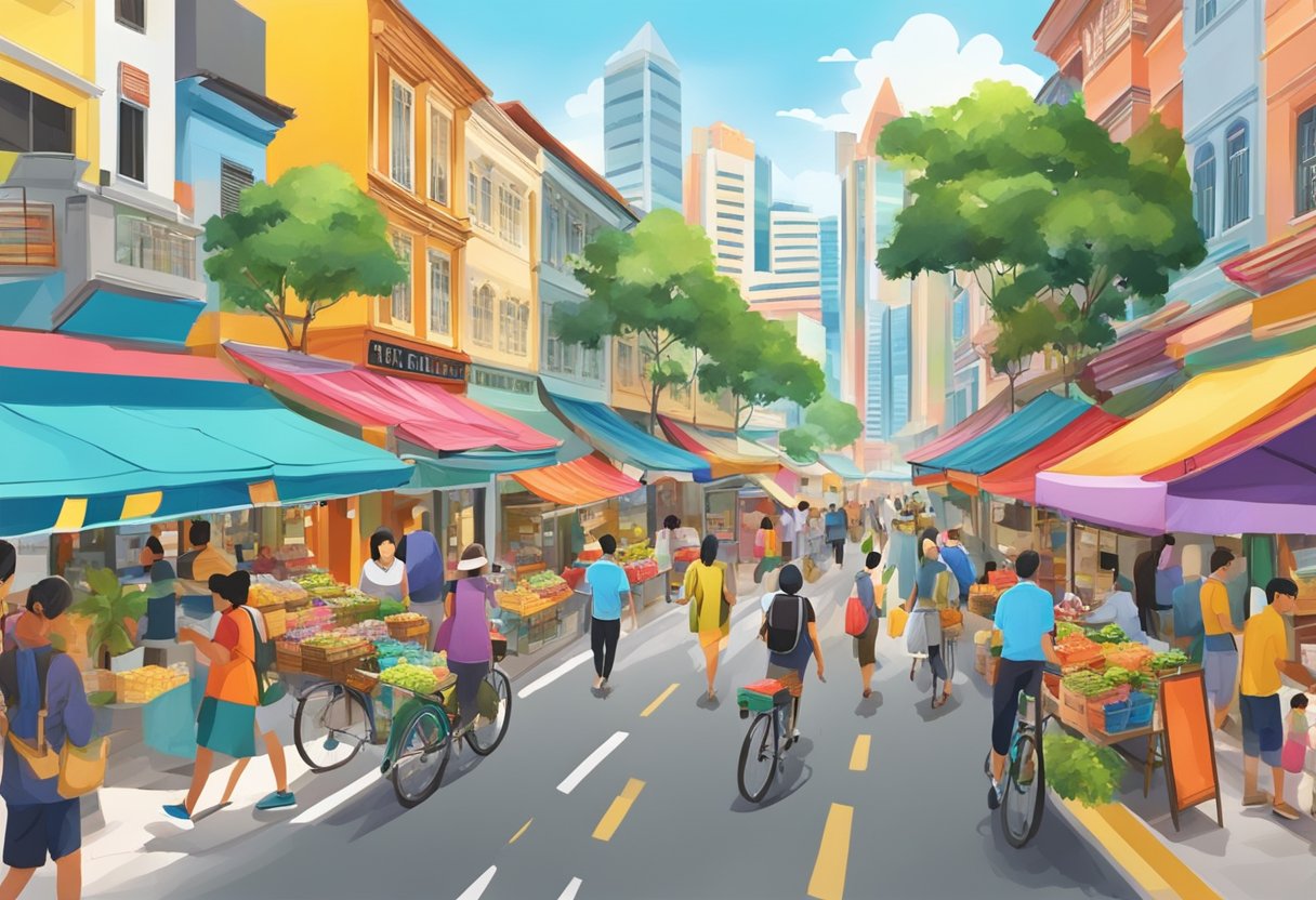 A bustling street in Singapore, with colorful buildings and vibrant street vendors